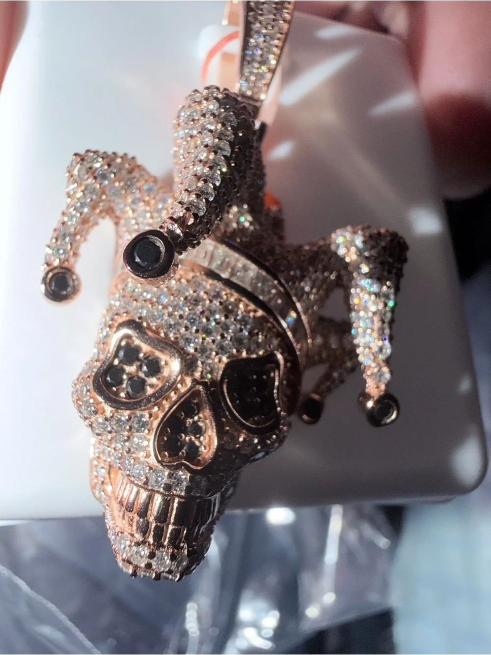 Real Moissanite Jester Joker Mask Iced Pendant Necklace 925 Silver rose Gold